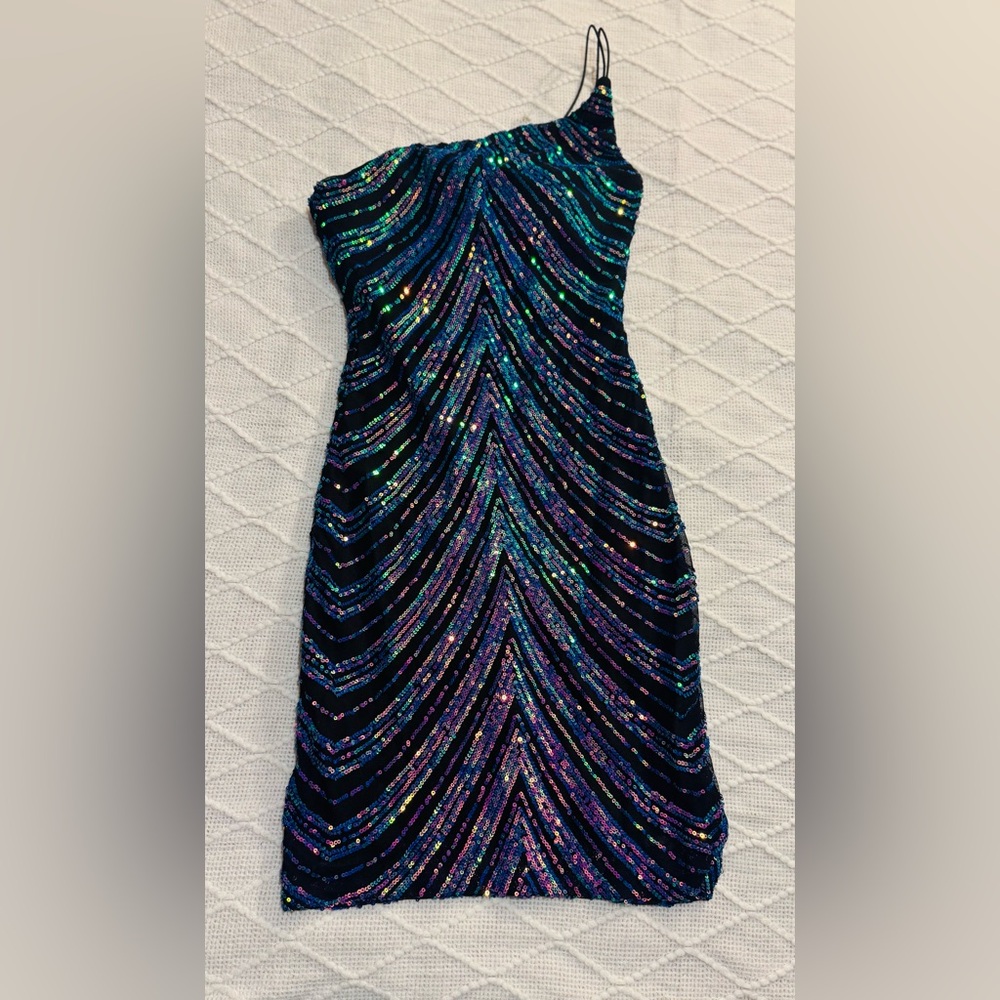 B Darlin Black and Blue Sequin Mini Dress